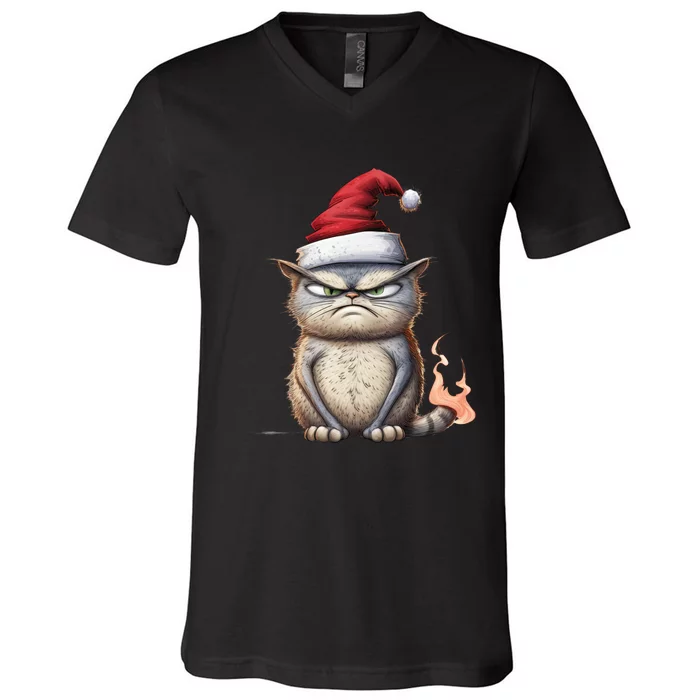 Grumpy Christmas Cat Santa Hat V-Neck T-Shirt