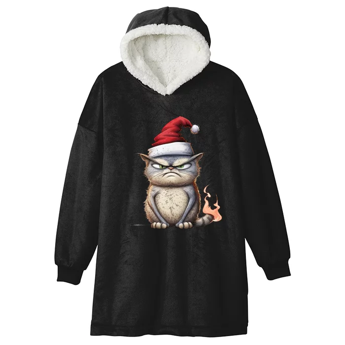 Grumpy Christmas Cat Santa Hat Hooded Wearable Blanket