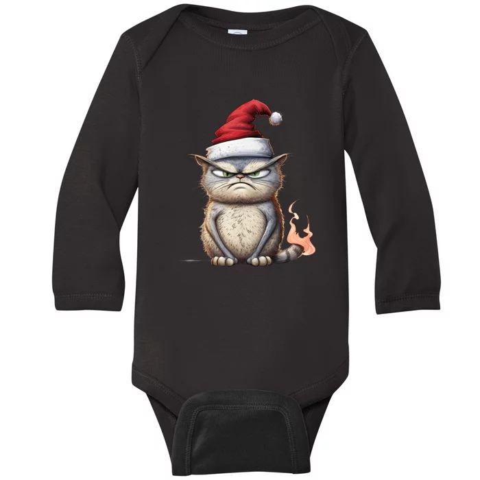 Grumpy Christmas Cat Santa Hat Baby Long Sleeve Bodysuit