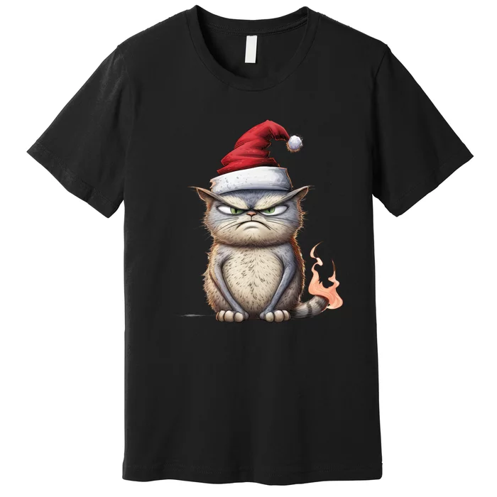 Grumpy Christmas Cat Santa Hat Premium T-Shirt