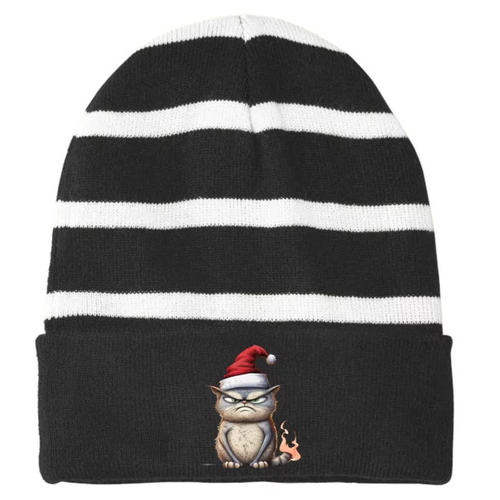 Grumpy Christmas Cat Santa Hat Striped Beanie with Solid Band