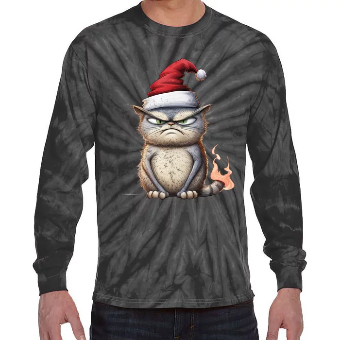 Grumpy Christmas Cat Santa Hat Tie-Dye Long Sleeve Shirt