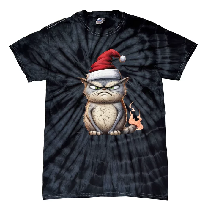 Grumpy Christmas Cat Santa Hat Tie-Dye T-Shirt