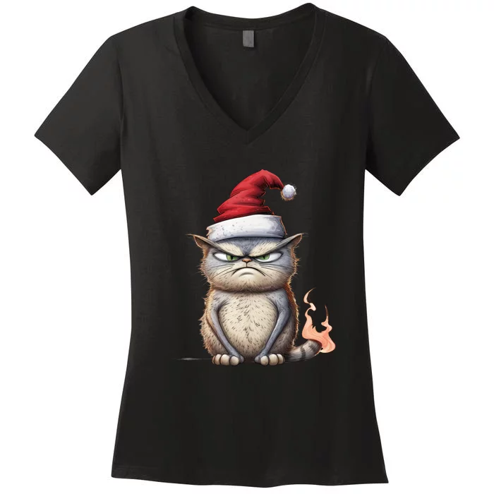 Grumpy Christmas Cat Santa Hat Women's V-Neck T-Shirt