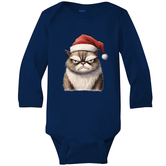 Grumpy Christmas Cat Santa Hat Baby Long Sleeve Bodysuit