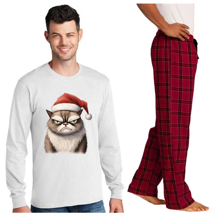 Grumpy Christmas Cat Santa Hat Long Sleeve Pajama Set