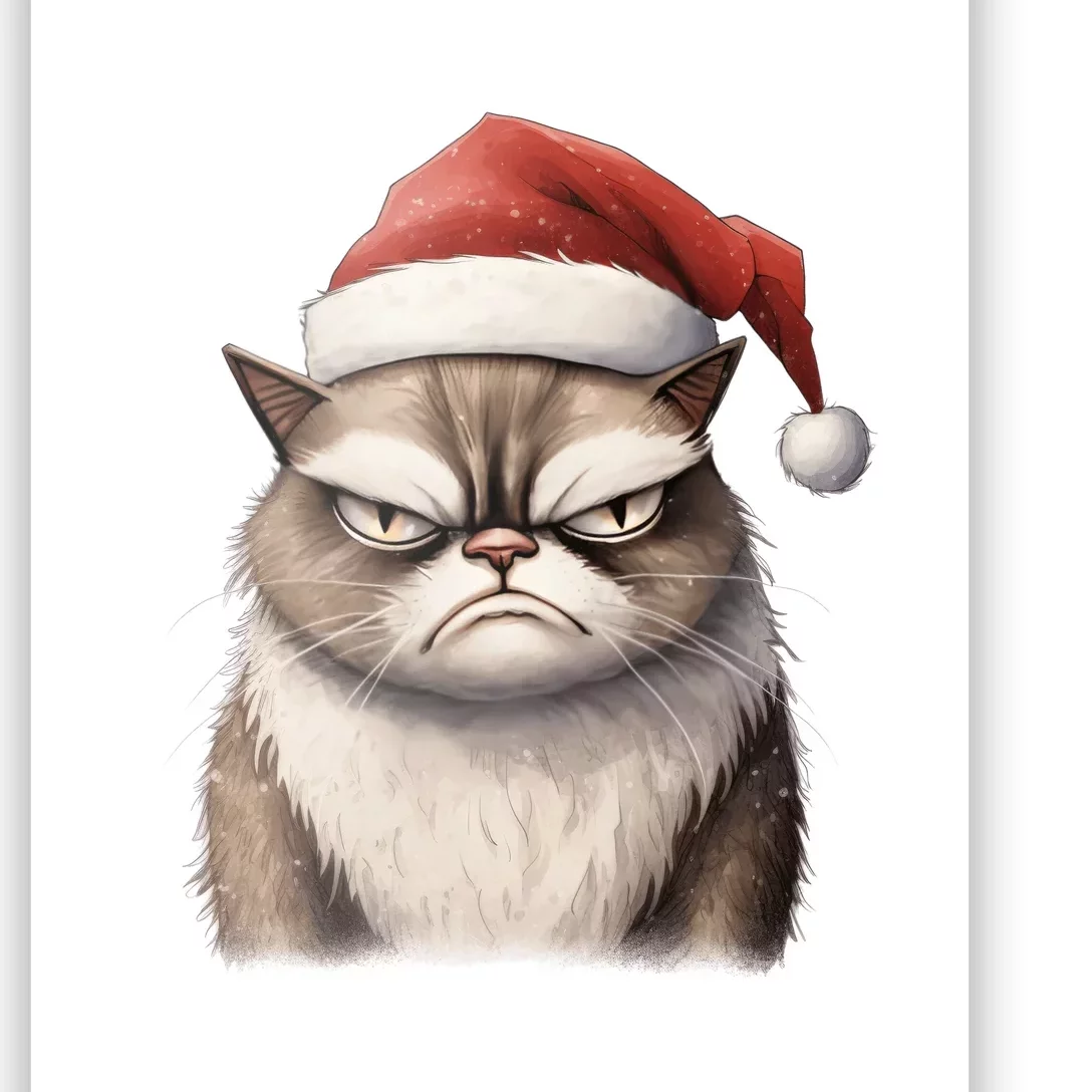 Grumpy Christmas Cat Santa Hat Poster