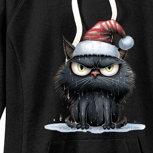 Grumpy Christmas Cat Santa Hat Women's Fleece Hoodie