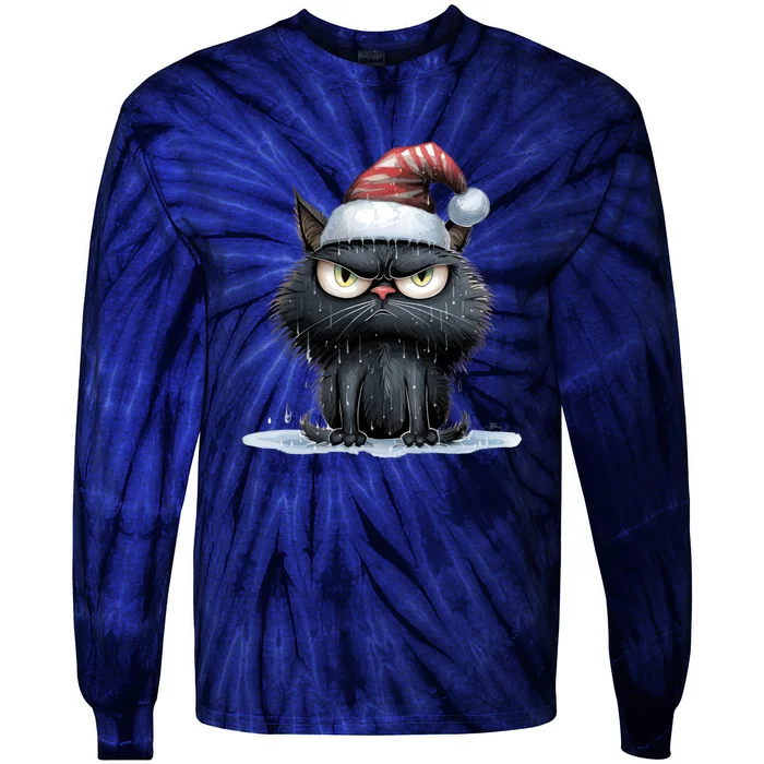 Grumpy Christmas Cat Santa Hat Tie-Dye Long Sleeve Shirt