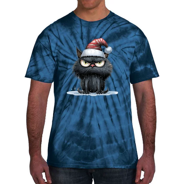 Grumpy Christmas Cat Santa Hat Tie-Dye T-Shirt