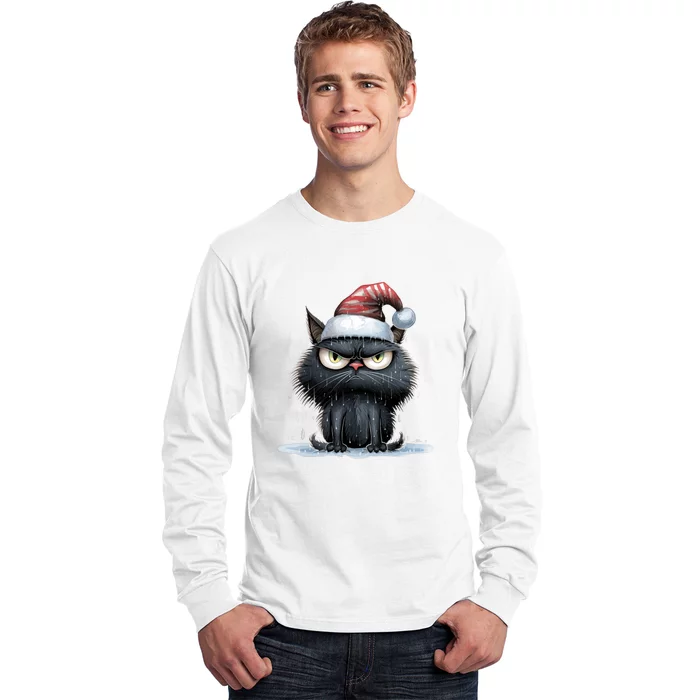 Grumpy Christmas Cat Santa Hat Long Sleeve Shirt