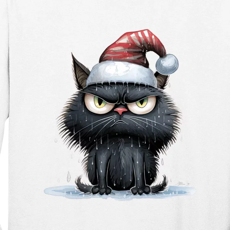 Grumpy Christmas Cat Santa Hat Long Sleeve Shirt