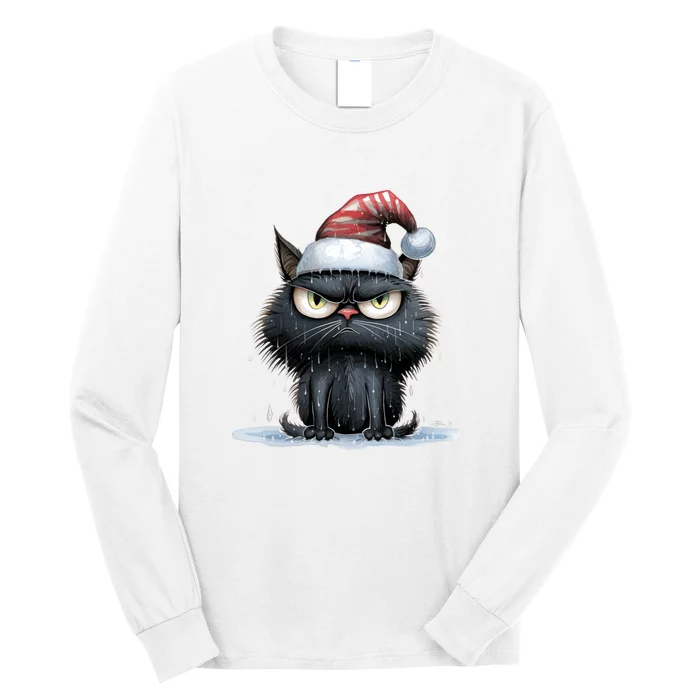 Grumpy Christmas Cat Santa Hat Long Sleeve Shirt