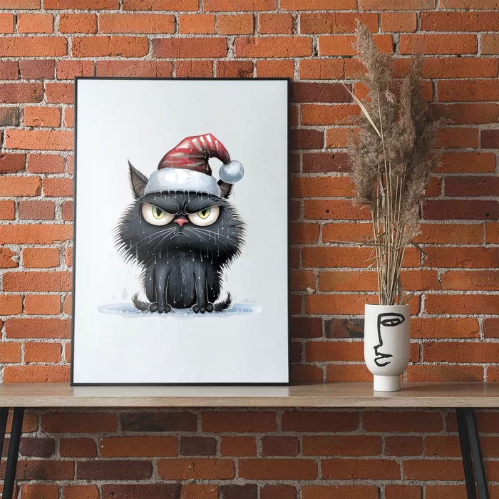 Grumpy Christmas Cat Santa Hat Poster