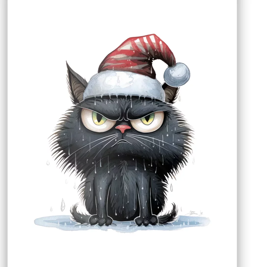 Grumpy Christmas Cat Santa Hat Poster