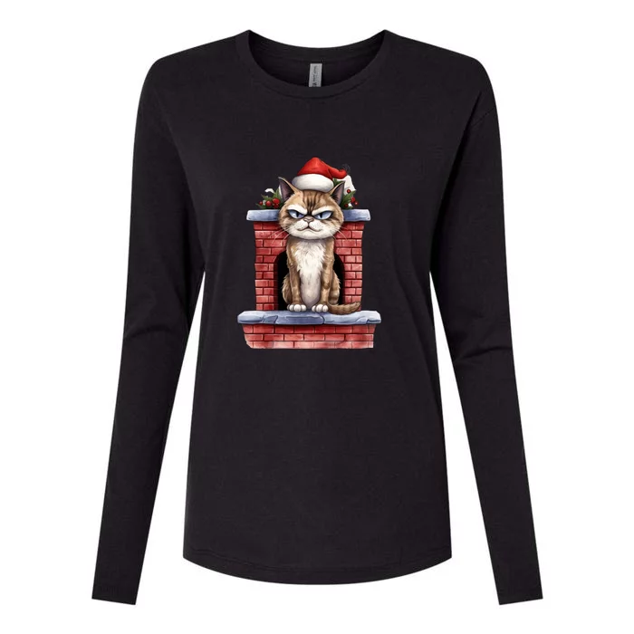 Grumpy Christmas Cat Chimney Womens Cotton Relaxed Long Sleeve T-Shirt