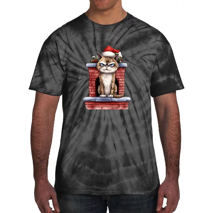 Grumpy Christmas Cat Chimney Tie-Dye T-Shirt