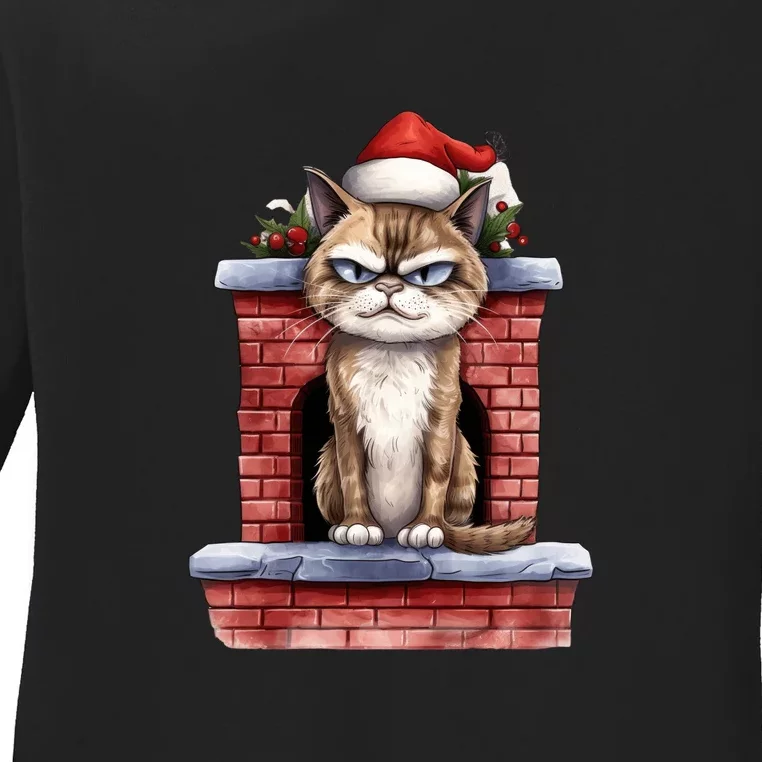 Grumpy Christmas Cat Chimney Ladies Long Sleeve Shirt