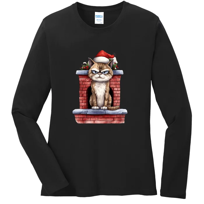 Grumpy Christmas Cat Chimney Ladies Long Sleeve Shirt