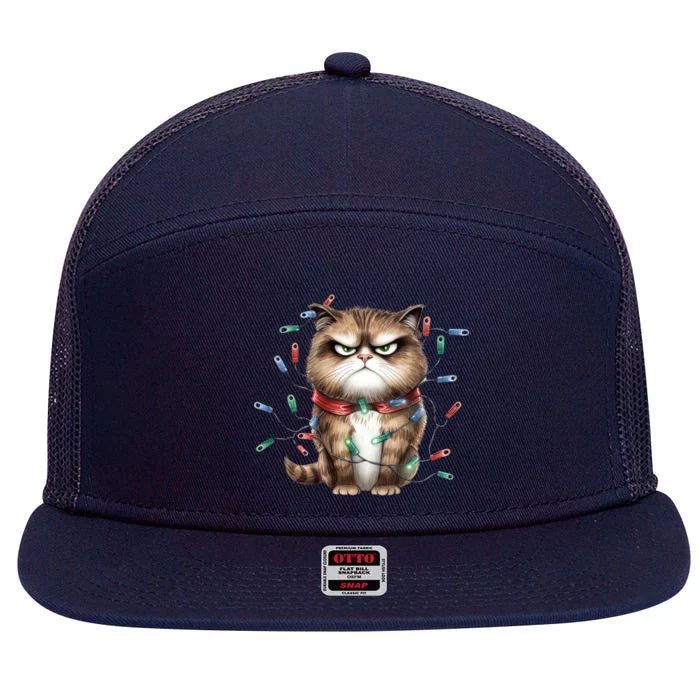 Grumpy Christmas Cat Lights 7 Panel Mesh Trucker Snapback Hat