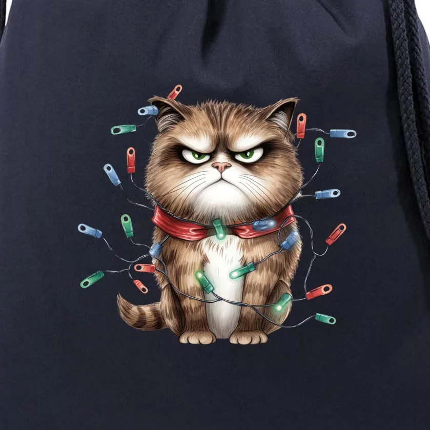 Grumpy Christmas Cat Lights Drawstring Bag