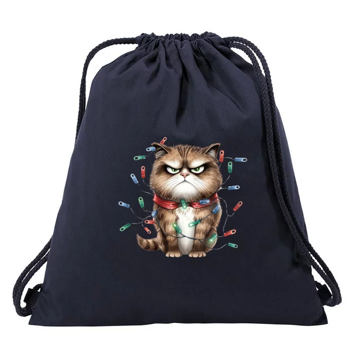 Grumpy Christmas Cat Lights Drawstring Bag