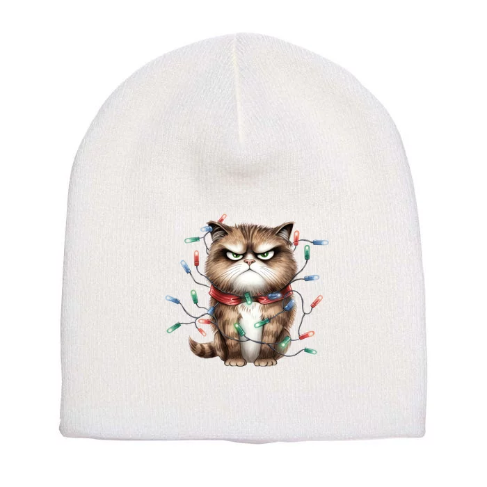 Grumpy Christmas Cat Lights Short Acrylic Beanie