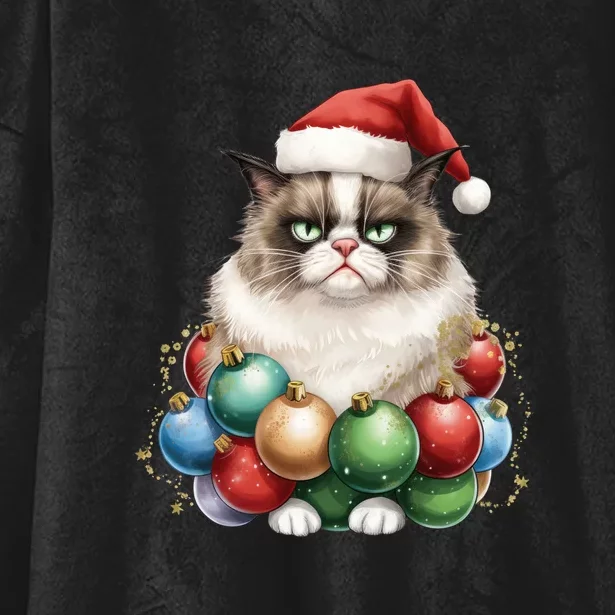 Grumpy Cat Christmas Tree Balls Santa Hat Hooded Wearable Blanket