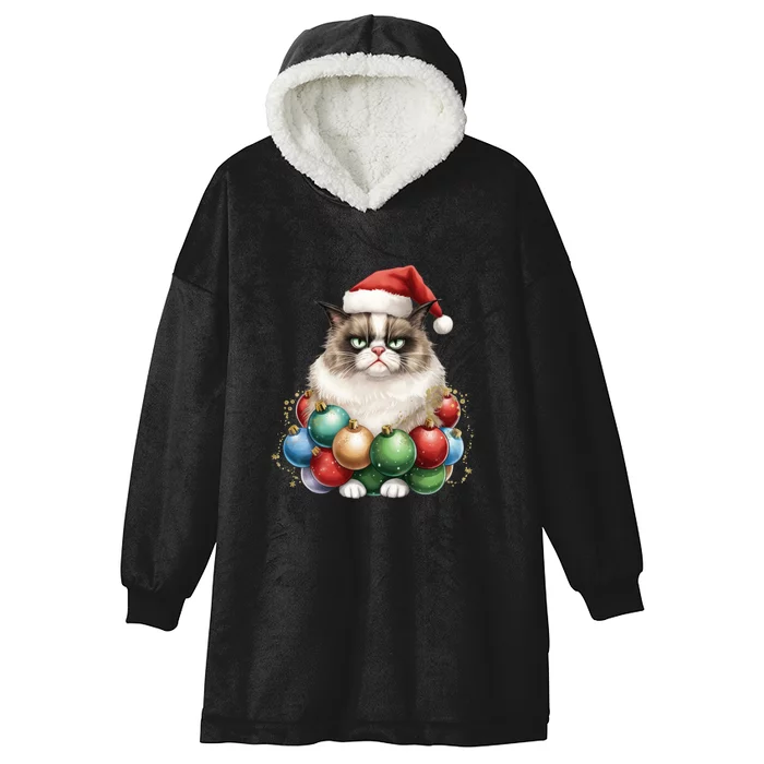 Grumpy Cat Christmas Tree Balls Santa Hat Hooded Wearable Blanket