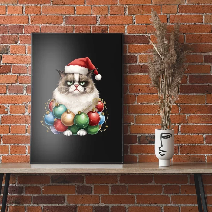 Grumpy Cat Christmas Tree Balls Santa Hat Poster