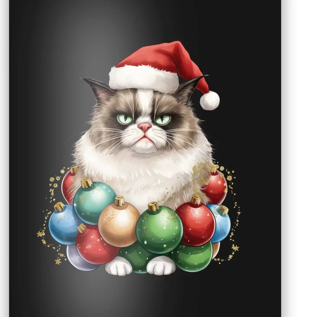 Grumpy Cat Christmas Tree Balls Santa Hat Poster