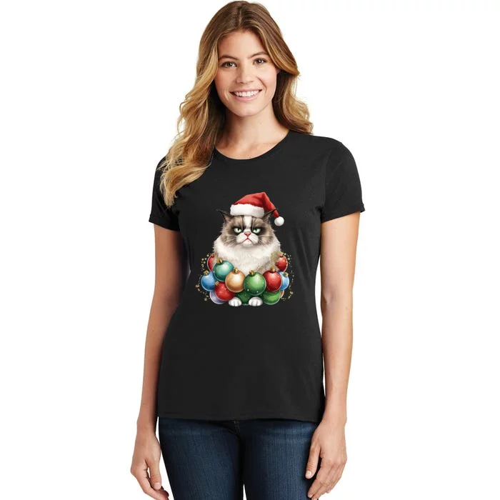 Grumpy Cat Christmas Tree Balls Santa Hat Women's T-Shirt