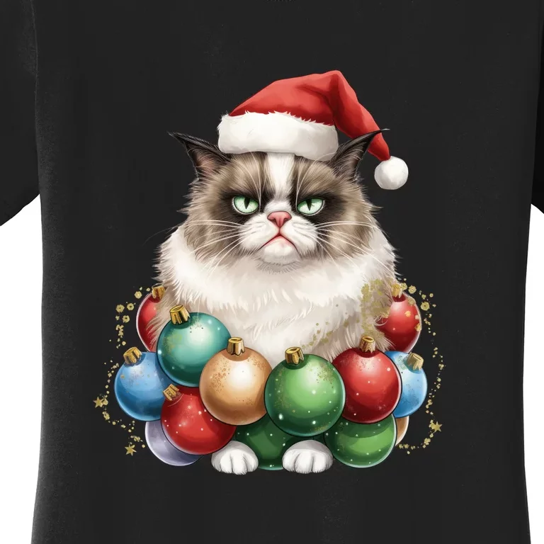 Grumpy Cat Christmas Tree Balls Santa Hat Women's T-Shirt