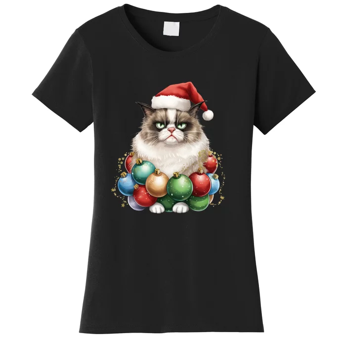 Grumpy Cat Christmas Tree Balls Santa Hat Women's T-Shirt