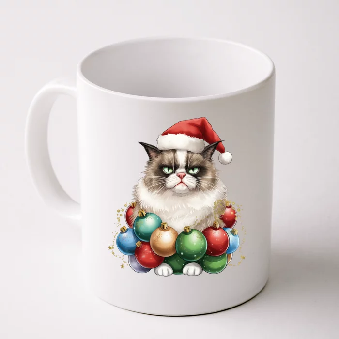 Grumpy Cat Christmas Tree Balls Santa Hat Front & Back Coffee Mug