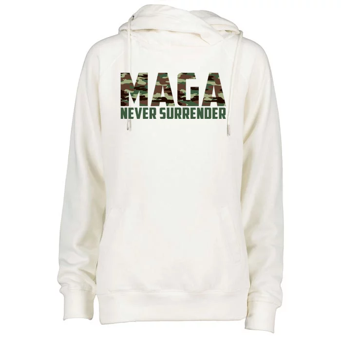 Green Camo Camouflage Trump Maga Never Surrender Usa July 4 Womens Funnel Neck Pullover Hood