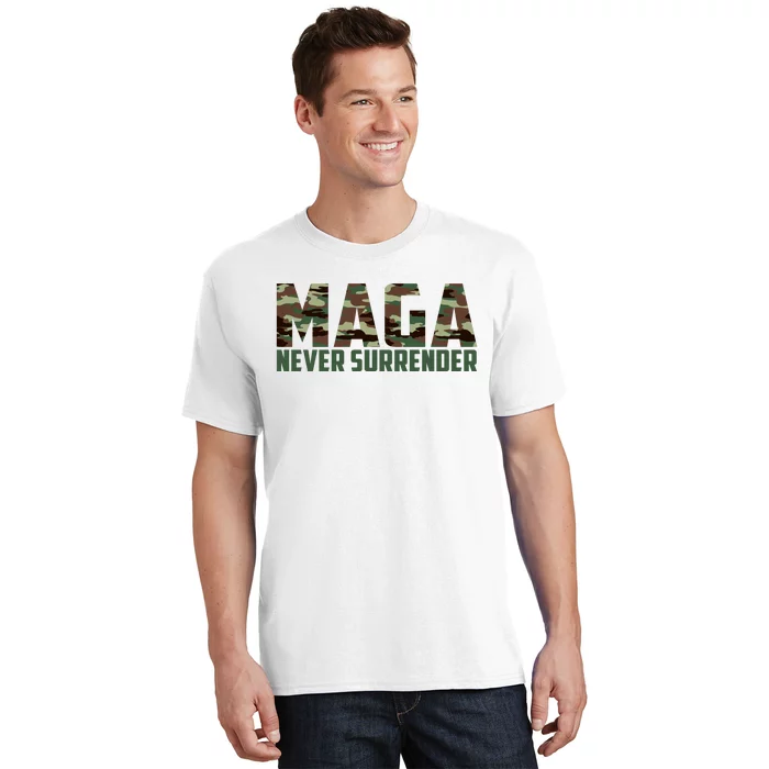 Green Camo Camouflage Trump Maga Never Surrender Usa July 4 T-Shirt