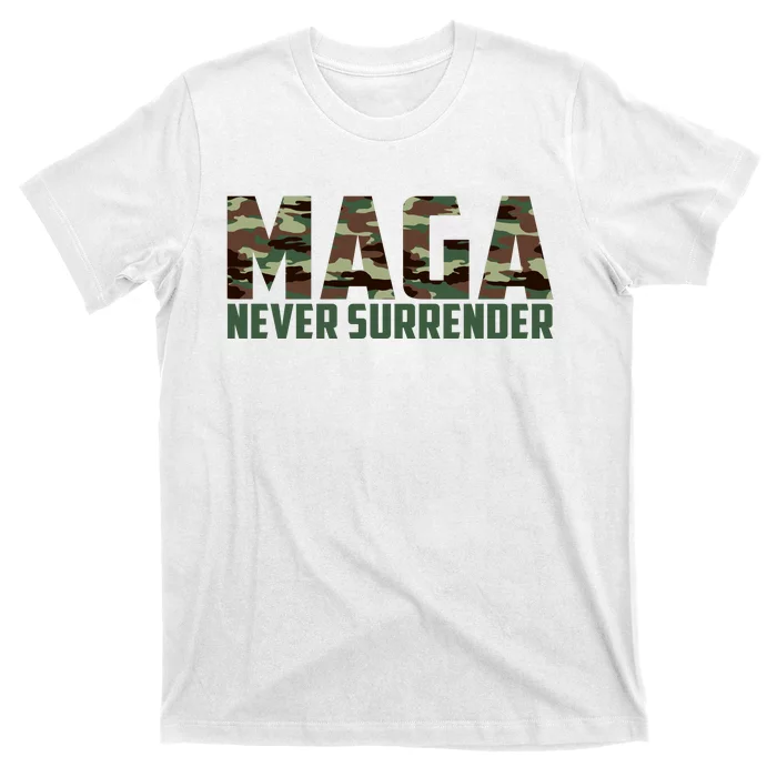 Green Camo Camouflage Trump Maga Never Surrender Usa July 4 T-Shirt