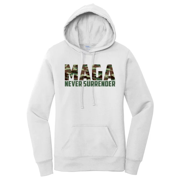 Green Camo Camouflage Trump Maga Never Surrender Usa July 4 Women's Pullover Hoodie