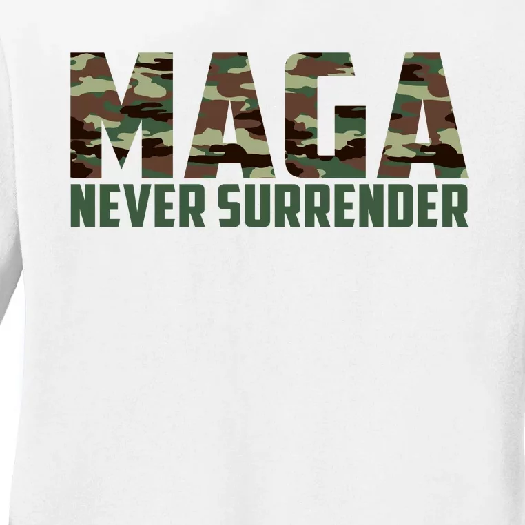 Green Camo Camouflage Trump Maga Never Surrender Usa July 4 Ladies Long Sleeve Shirt