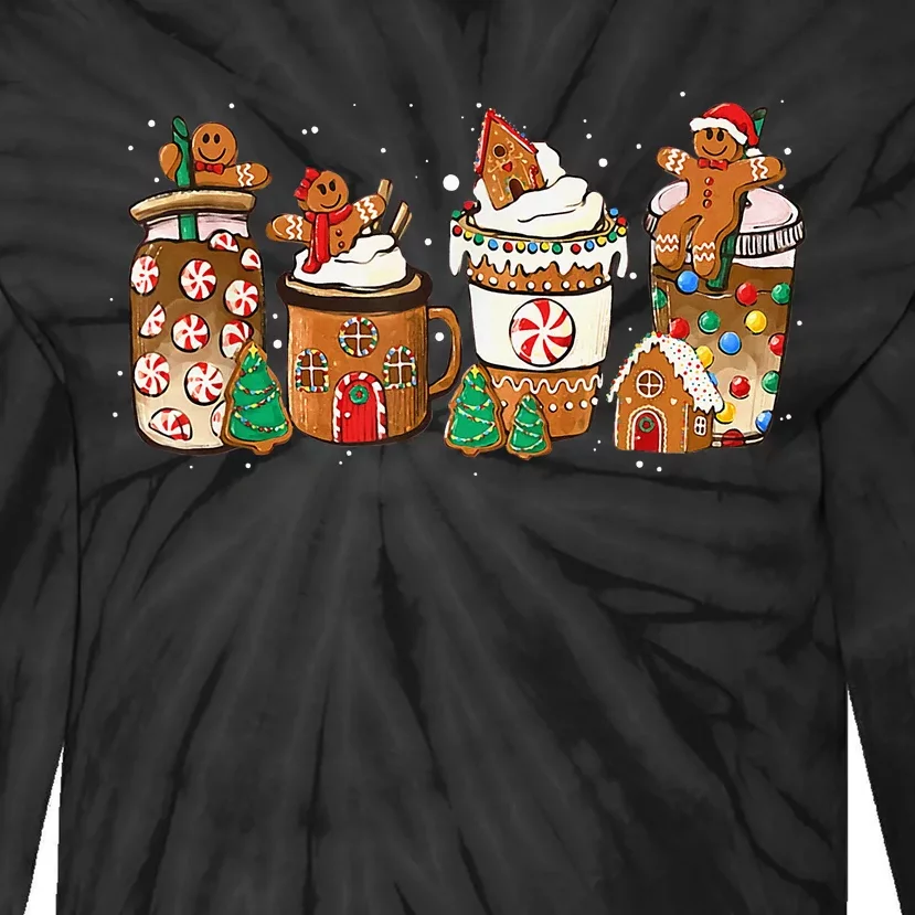 Gingerbread Cookie Christmas Coffee Cups Latte Drink Outfit Tie-Dye Long Sleeve Shirt