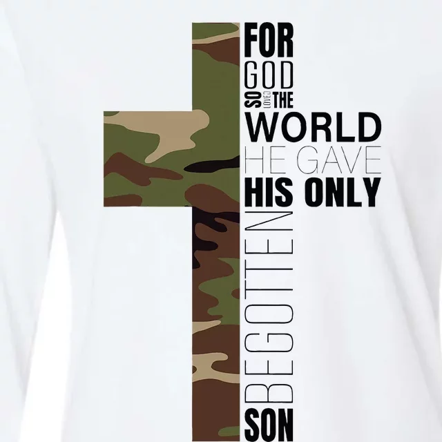 Green Camo Christian Cross Gifts John 316 Bible Verse Womens Cotton Relaxed Long Sleeve T-Shirt