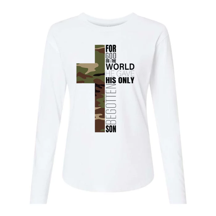 Green Camo Christian Cross Gifts John 316 Bible Verse Womens Cotton Relaxed Long Sleeve T-Shirt