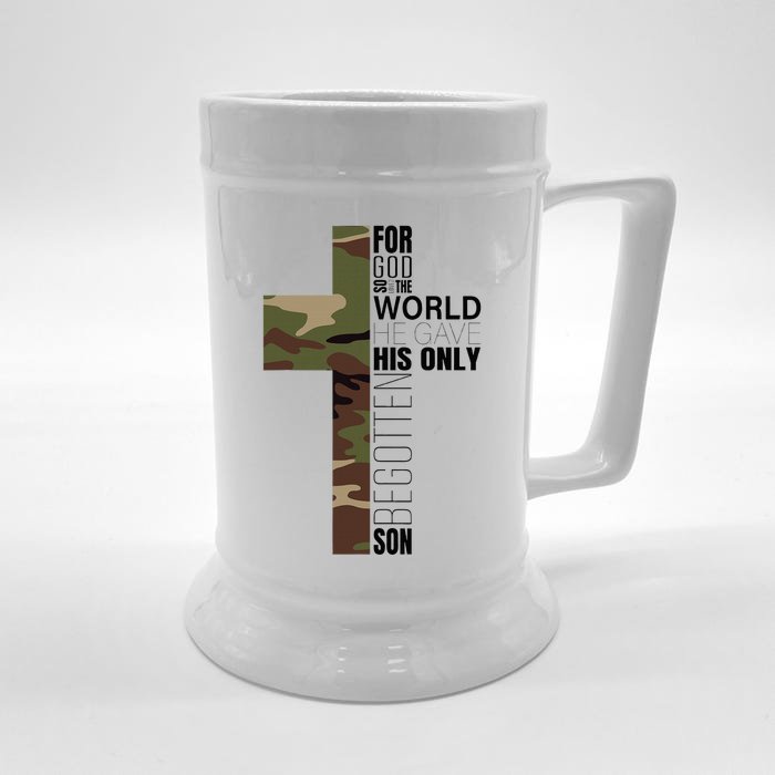 Green Camo Christian Cross Gifts John 316 Bible Verse Front & Back Beer Stein