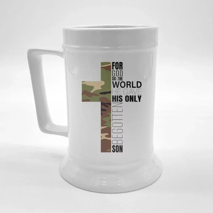 Green Camo Christian Cross Gifts John 316 Bible Verse Front & Back Beer Stein