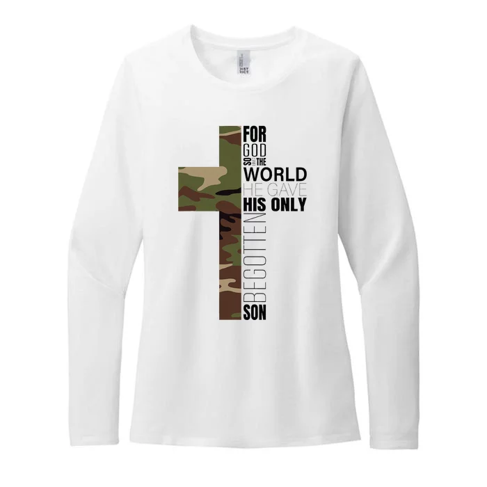 Green Camo Christian Cross Gifts John 316 Bible Verse Womens CVC Long Sleeve Shirt