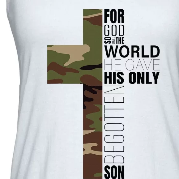 Green Camo Christian Cross Gifts John 316 Bible Verse Ladies Essential Flowy Tank