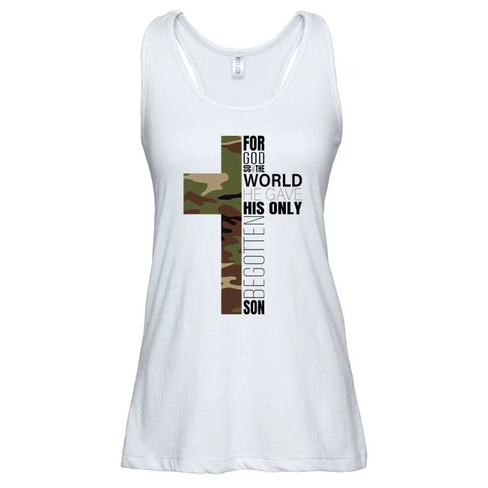 Green Camo Christian Cross Gifts John 316 Bible Verse Ladies Essential Flowy Tank