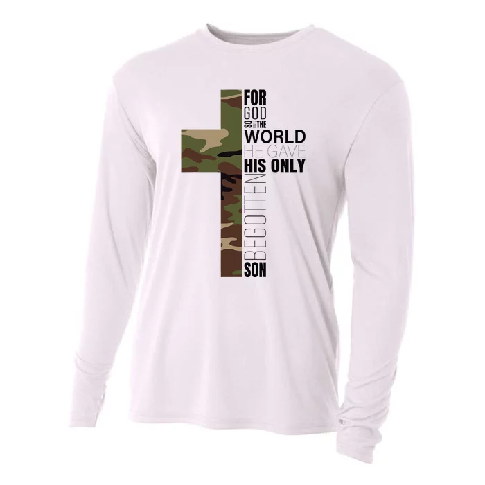 Green Camo Christian Cross Gifts John 316 Bible Verse Cooling Performance Long Sleeve Crew