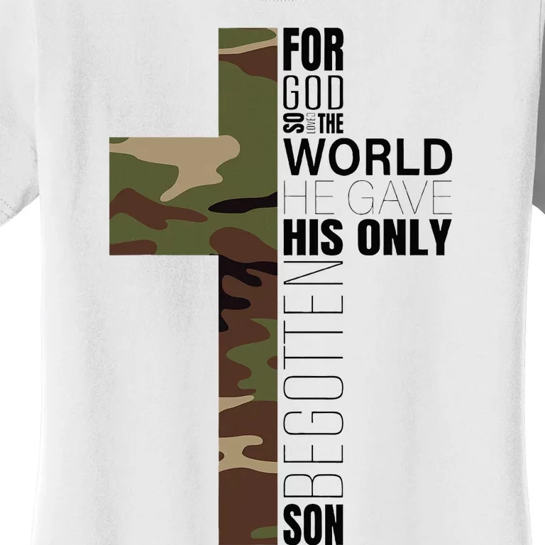 Green Camo Christian Cross Gifts John 316 Bible Verse Women's T-Shirt